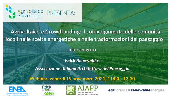 Locandina Agrivoltaico e Crowdfunding: il coinvolgimento delle comunità locali nelle scelte energetiche e nelle trasformazioni del paesaggio.