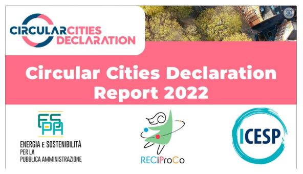 Copertina Circular Cities Declaration Report con logo ICESP ESPA e RECIPROCO